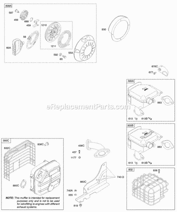 Exhaust System Rewind Starter Diagram and Parts List for 21C114-0123-E1  Briggs and Stratton Engine